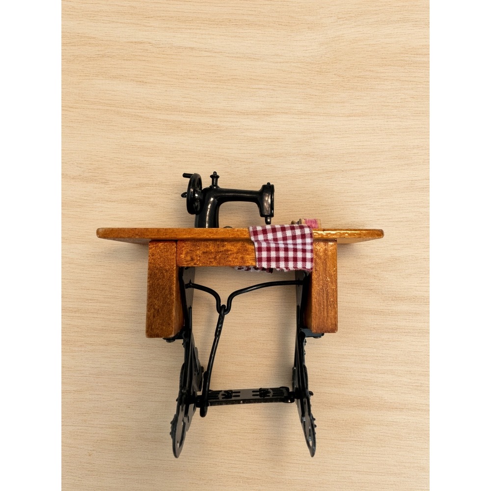 Miniature Sewing Machine Table Dollhouse Accessory Wood Metal Vintage Style